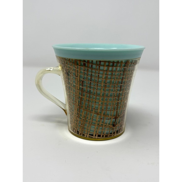 Other - Vintage Mid Century Raffia Burlap Insulated Mug Turquoise Blue Plastic Cup Retro